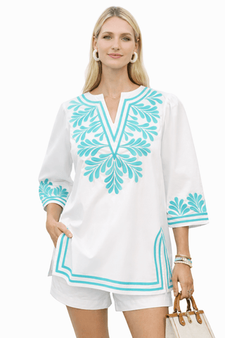 White 3/4 Sleeve Notched V - Neck Embroidery Top - The Pointe Boutique