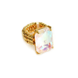 White AB Rectangular Glass Cocktail Cut Stretched Adjustable Ring - The Pointe Boutique