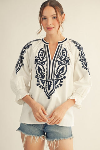 White Drop Shoulder Embroidered Top - The Pointe Boutique