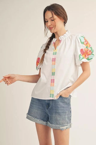 White Ruffle Neckline Puff Sleeve Embroidery Accent Top - The Pointe Boutique