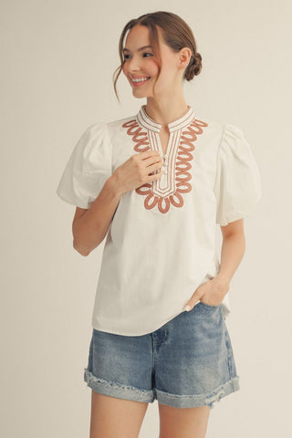 White Short Puff Sleeve V - Neck Solid Top with Embroidery Detail - The Pointe Boutique