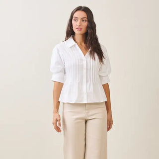 White Short Sleeve Pintuck Shirt - The Pointe Boutique
