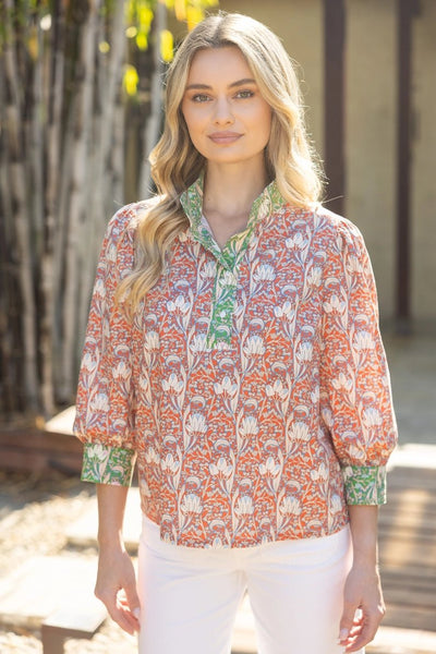 Wide Color Block Floral Printed Top - Orange - The Pointe Boutique