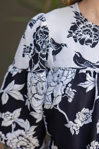 Wide half Sleeve Contrast Floral Jaquard Top, Black - The Pointe Boutique