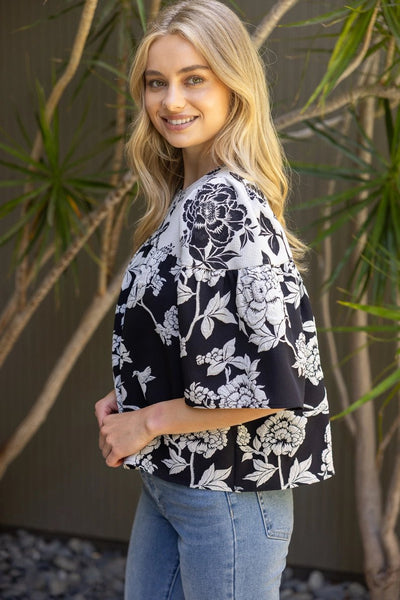 Wide half Sleeve Contrast Floral Jaquard Top, Black - The Pointe Boutique