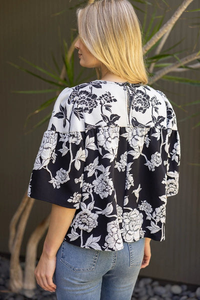 Wide half Sleeve Contrast Floral Jaquard Top, Black - The Pointe Boutique