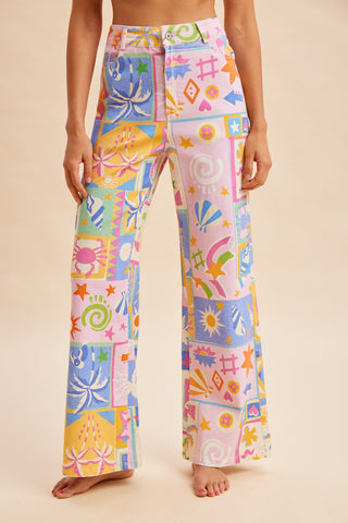 Addison Kay Pants – colorful patchwork print wide leg pants in pink, yellow, blue and green
