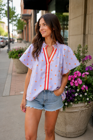 The Willow Top – lavender polka dot top with red and white stripe V neck placket, flutter short sleeves