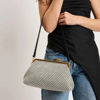 Bianca Black and White Clutch – black and white metallic mesh frame clutch with chain strap