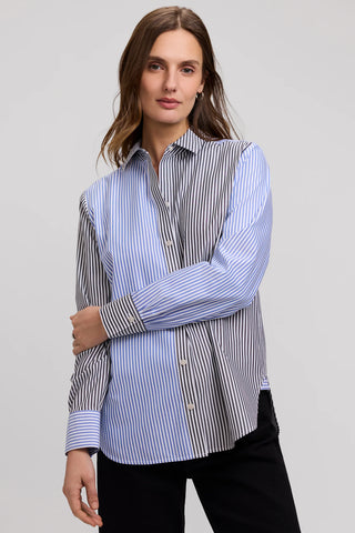 Addison Belle Stripe Top – long sleeve button-down shirt mixing blue and black stripes with a solid light-blue panel
