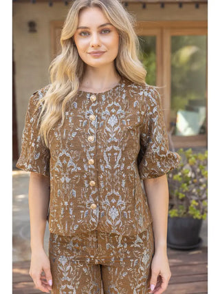 The Hadley Jacquard Top – brown and cream damask print button-front top, short puff sleeves