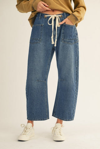 SaylorJeans – medium wash barrel leg jeans with a drawstring waist