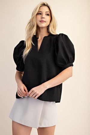 Addison Skye Top – textured waffle-knit split-neck top with oversized puff sleeves (beige, black or light olive)