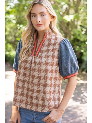 The Emery Brown Houndstooth Tweed Top – brown and cream houndstooth top, chambray puff sleeves, coral trim V neck