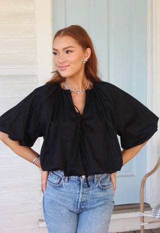 The Kennedy Black Bubble Top – black blouse, tie split neck, puff short sleeves