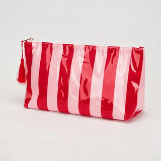 pink and red striped cosmetic pouch