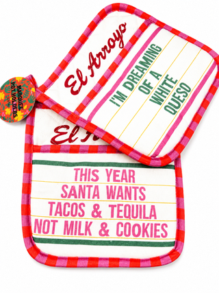 El Arroyo Christmas pot holders with funny saying