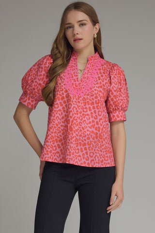 Aubree Hope Top – coral pink leopard print top with puff sleeves and a pink embroidered yoke