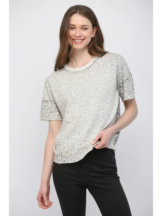 Amelia Kay Sweater – light gray speckled sequin knit top with short sleeves