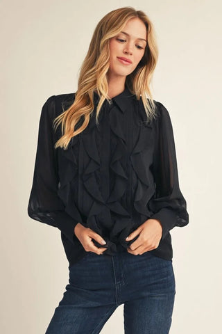 Betsy Rose Black Ruffle Long Sleeve Top