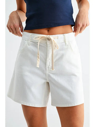 White Lightweight Linen Tie Waist Longer Shorts