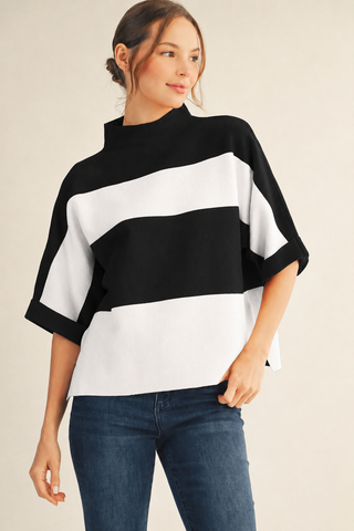 The Quinn Black and White Sweater – black and white wide stripe colorblock sweater, mock neck, short dolman sleeves