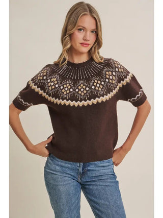 Amy Claire Brushed Sweater – brown short sleeve sweater with a cream fair isle yoke