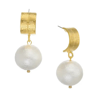 Gold Key Hoop with Large Cotton Pearl Earrings