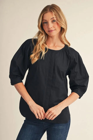 Ashley Kate Button Down Solie Woven Top – solid woven button-down with elbow-length puff sleeves (black or brown)