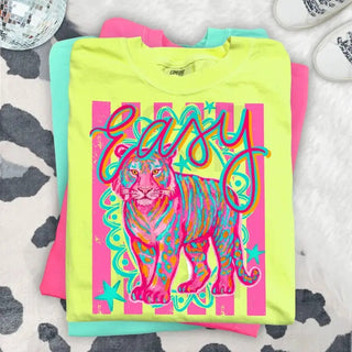 The Easy Tiger Tee – neon yellow graphic tee, EASY script with bright tiger and pink stripe print