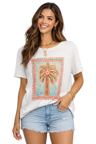 Palm Tree Tshirt – white graphic tee with palm tree print in pink and turquoise frame