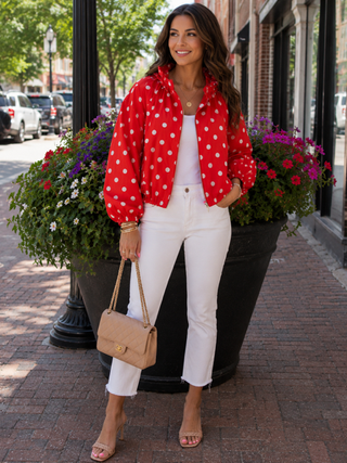 Amelia Marie Jacket – red quilted jacket with white polka dots