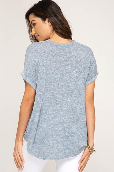 Misty Blue Short Sleeve Surpliced Knit Top
