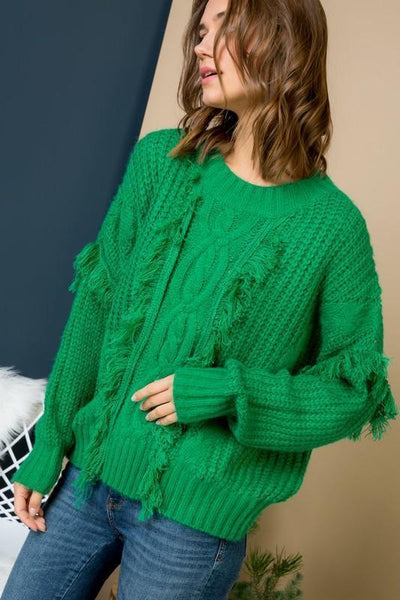 Green Cable Knit Sweater With Fringe