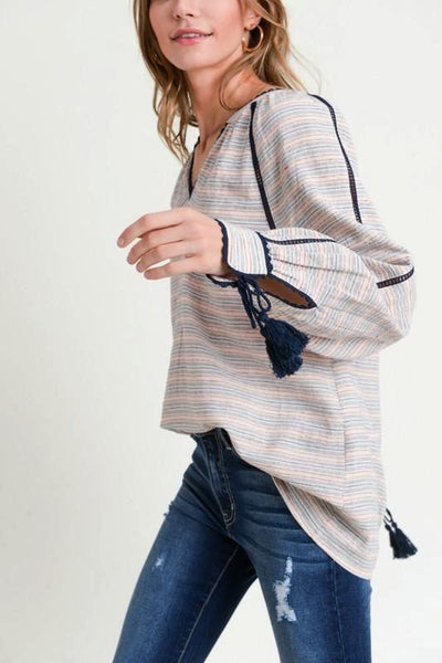 NAVY STRIPED V- NECK BLOUSE W/TASSEL CUFFS