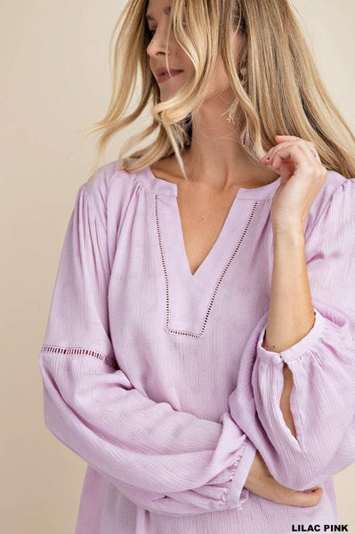 Lilac Pink Lace Trim Inserted Textured Fabric Blouse