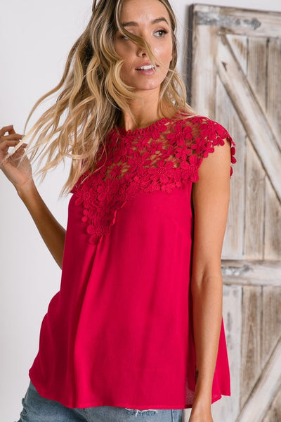 Fuchsia Floral Lace Mock Neck Top