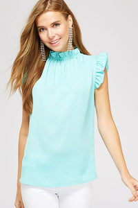 Aqua Ruffle Detail Sleeveless Blouse