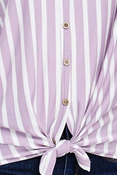 Lavender Front Self Tie Knot Striped Top