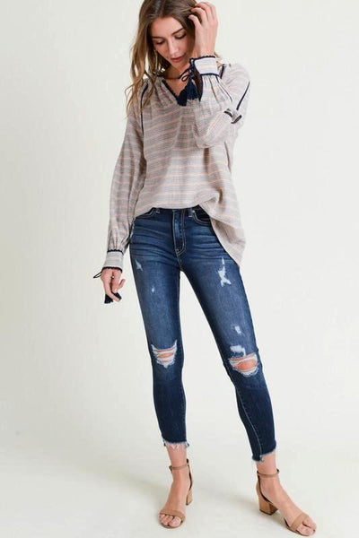 NAVY STRIPED V- NECK BLOUSE W/TASSEL CUFFS