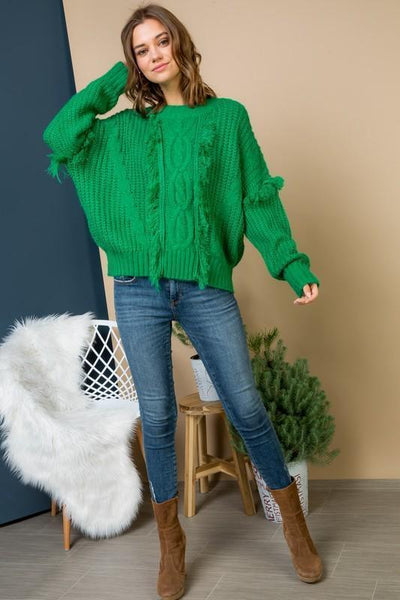 Green Cable Knit Sweater With Fringe