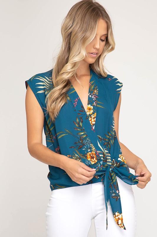 Teal Sleeveless Surplice Woven Floral Print Top