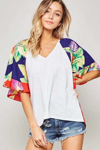Tropical Floral Colorblock Flutter Sleeve Top