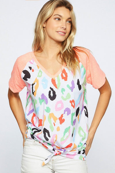 Coral Multi Color Leopard Print V-Neck Top