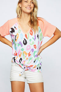 Coral Multi Color Leopard Print V-Neck Top