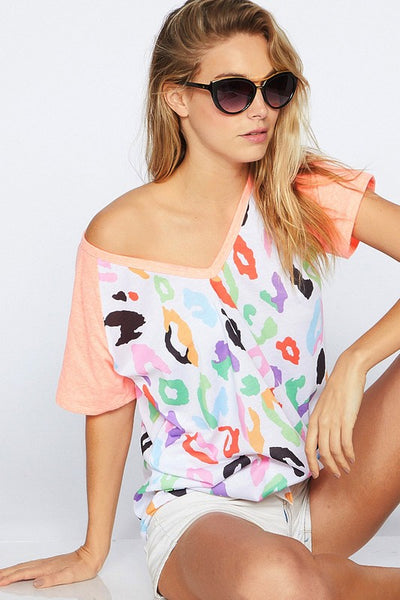 Coral Multi Color Leopard Print V-Neck Top