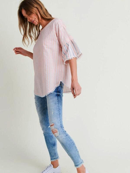Apricot Stripe Ruffle Sleeve Frayed Edges Top