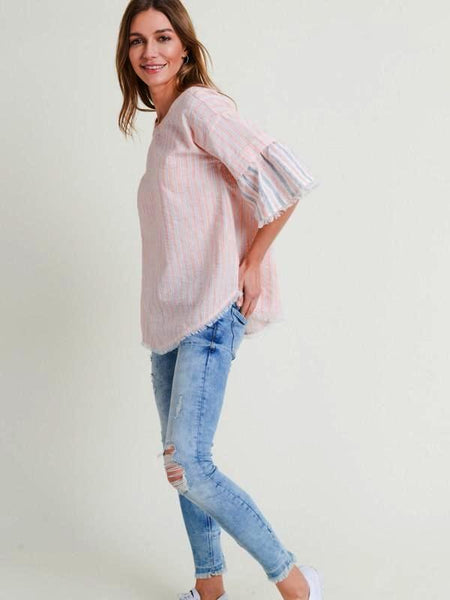 Apricot Stripe Ruffle Sleeve Frayed Edges Top