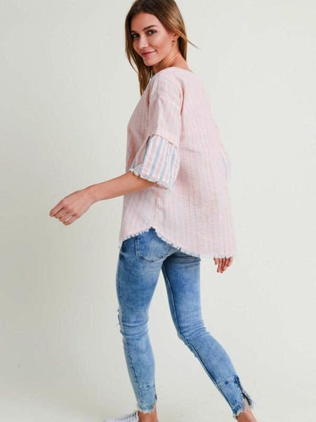 Apricot Stripe Ruffle Sleeve Frayed Edges Top