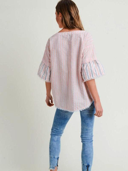 Apricot Stripe Ruffle Sleeve Frayed Edges Top